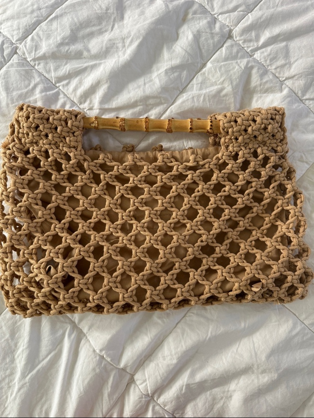 Tan Macramé Tote with Bamboo Handle
